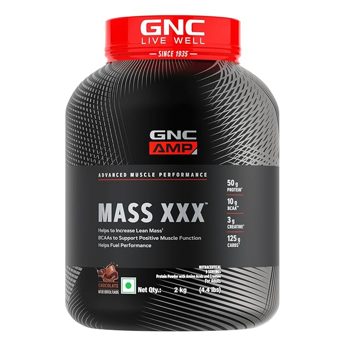 613EOlA4XmL._SX679_ GNC Amp Mass Xxx Gainer Powder|2 Kg|Boosts Lean Muscle Gains|Amps Up Workout Results|50G Protein|10G Bcaa|127.5 G Carbs|3G Creatine|Chocolate, 1 count, 9 servings - Image 1