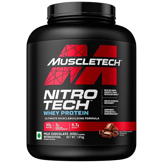71AyER7LmIL._SX679_ MuscleTech Nitro-Tech Whey Protein, Milk Chocolate, 30g Protein, 3g creatine monohydrate, 6.7g BCAA, ultimate muscle building formula, increase strength & performance - Image 1