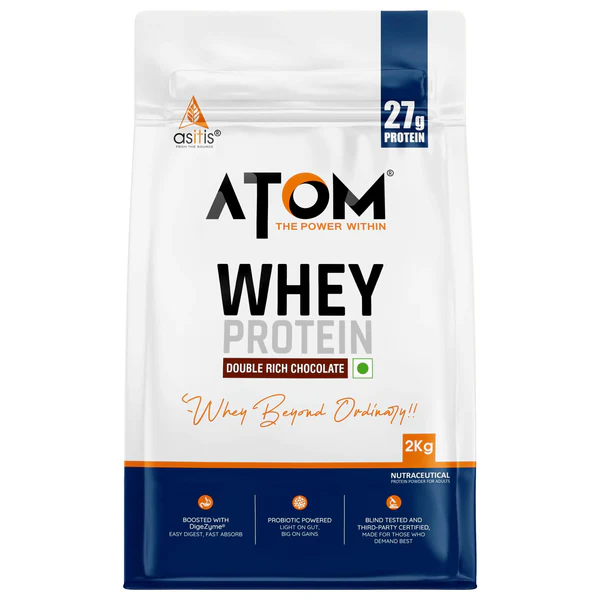 ATOM_Whey_Protein_CHF_2kg_New_Branding_Design_Product_front_image AS-IT-IS ATOM Whey Protein 2kg | 27g protein | Isolate & Concentrate | Double Rich Chocolate | USA Labdoor Certified | With Digestive Enzymes for better absorption - Image 1