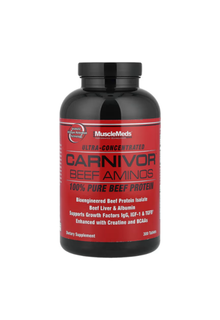 MuscleMeds Carnivor Beef Aminos, Beef Protein Isolate, Beef Liver, Beef Albumin, Creatine, BCAAs for Recovery and Muscle Growth, 300 Tablets