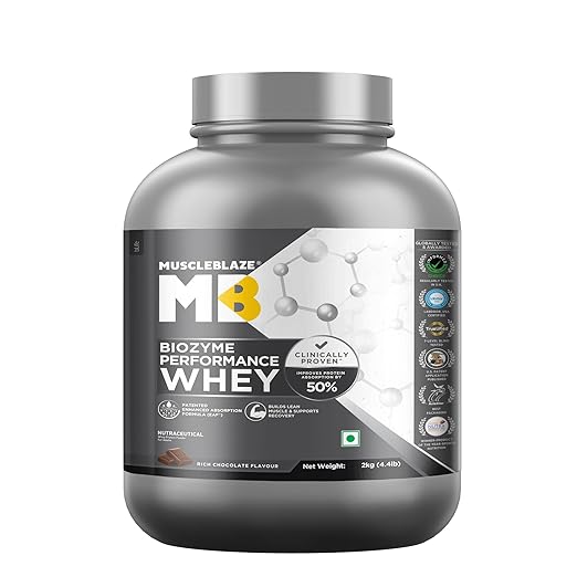 188 MuscleBlaze Biozyme Performance Whey Protein Powder, Rich Chocolate (2kg / 4.4lbs) | 25g Protein Per Scoop | Clinically Tested 50% Higher Protein Absorption - Image 1